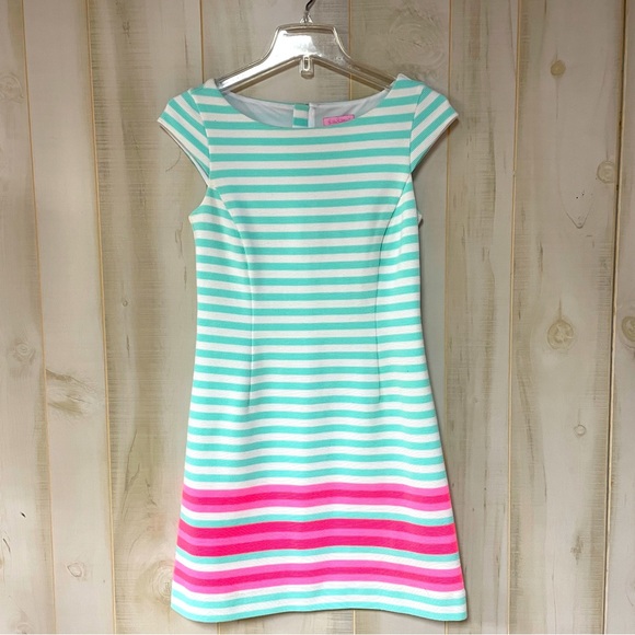 Lilly Pulitzer Lana Mint White Stripe Ribbed Cap Sleeve Dress Poolside Blue, XS - Picture 2 of 7